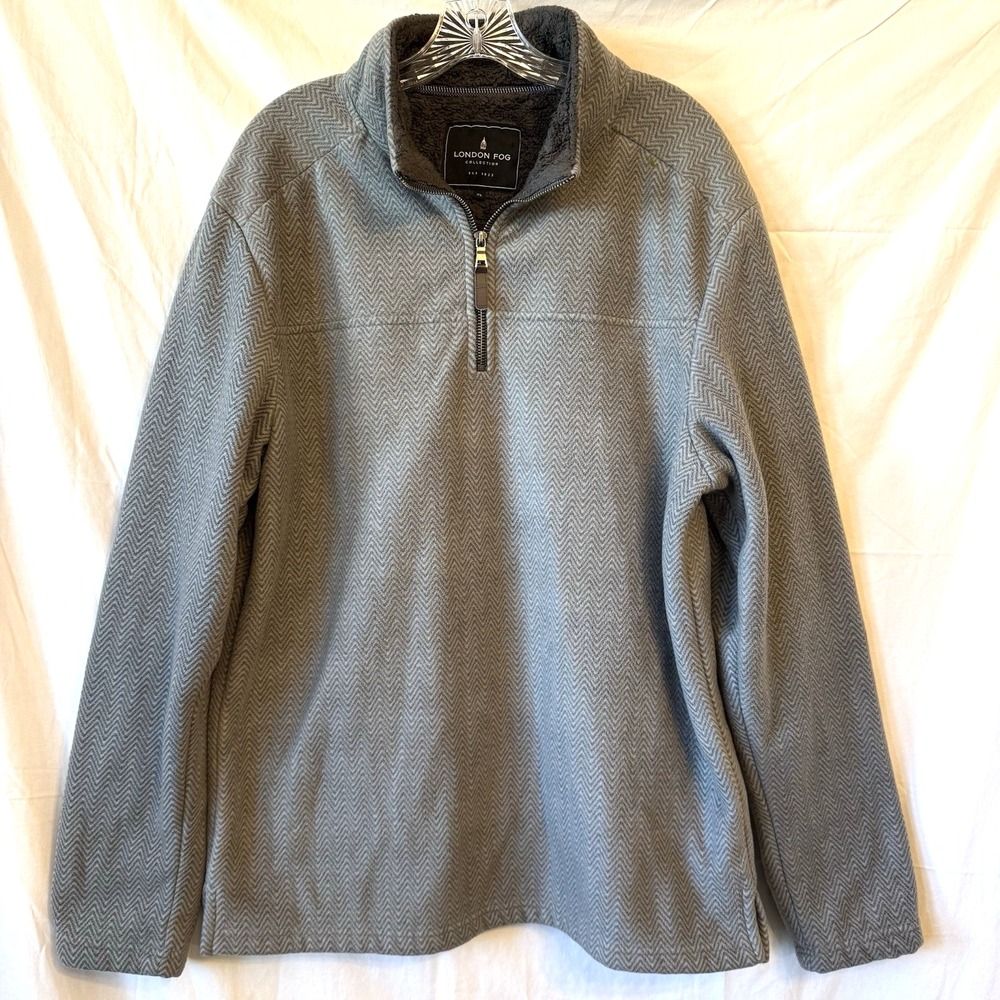 London Fog 1/4 Zip Pullover Mens Sz XL Gray Herringbone Sherpa Fleece Lined - Picture 3 of 13
